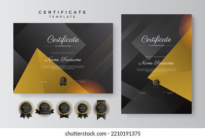 Black and gold certificate of achievement template with gold badge and border