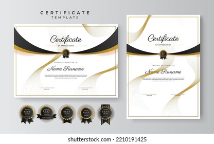 Black and gold certificate of achievement template with gold badge and border