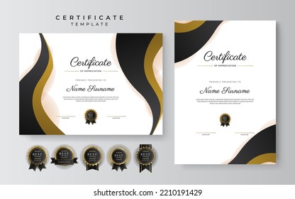 Black and gold certificate of achievement template with gold badge and border