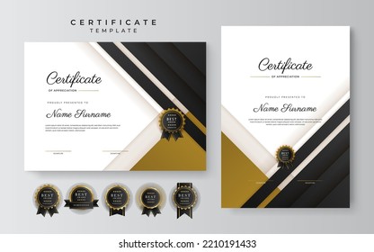 Black and gold certificate of achievement template with gold badge and border