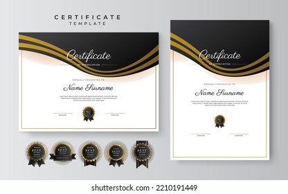 Black and gold certificate of achievement template with gold badge and border