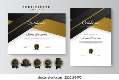 Black and gold certificate of achievement template with gold badge and border