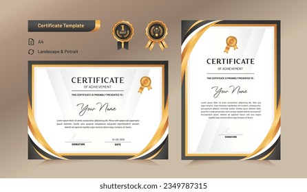 Black and gold certificate of achievement template set with black badge and border. For award, business, and education needs. Vector Illustration