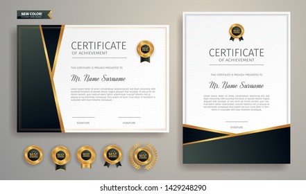 Black and gold certificate of appreciation border template with luxury badge and modern line pattern