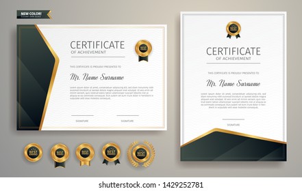 Black and gold certificate of appreciation border template with luxury badge and modern line pattern