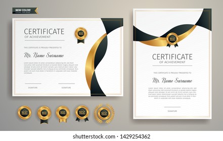 Black and gold certificate of appreciation border template with luxury badge and modern line pattern