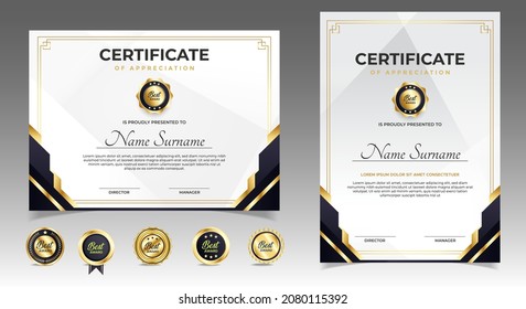 Black and gold certificate of appreciation border template with luxury badge and modern line and shapes. For award, business, and education needs. Diploma vector template