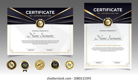 Black and gold certificate of appreciation border template with luxury badge and modern line and shapes. For award, business, and education needs. Diploma vector template