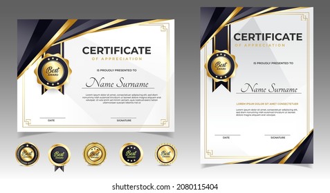 Black and gold certificate of appreciation border template with luxury badge and modern line and shapes. For award, business, and education needs. Diploma vector template