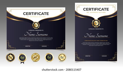 Black and gold certificate of appreciation border template with luxury badge and modern line and shapes. For award, business, and education needs. Diploma vector template