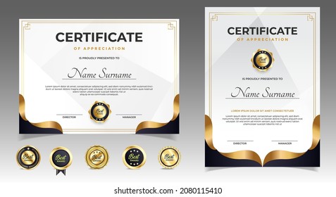 Black and gold certificate of appreciation border template with luxury badge and modern line and shapes. For award, business, and education needs. Diploma vector template