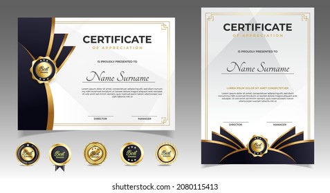 Black and gold certificate of appreciation border template with luxury badge and modern line and shapes. For award, business, and education needs. Diploma vector template