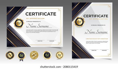 Black And Gold Certificate Of Appreciation Border Template With Luxury Badge And Modern Line And Shapes. For Award, Business, And Education Needs. Diploma Vector Template