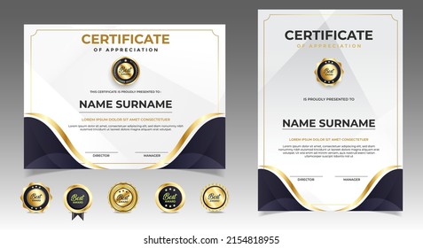 Black and gold certificate of appreciation border template with luxury badge and modern line and shapes. For award, business, and education needs. Diploma vector template