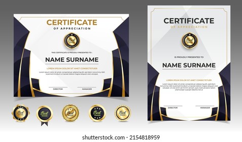 Black and gold certificate of appreciation border template with luxury badge and modern line and shapes. For award, business, and education needs. Diploma vector template