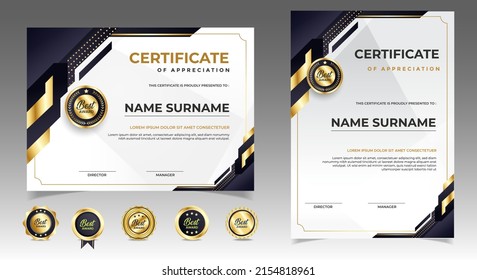 Black and gold certificate of appreciation border template with luxury badge and modern line and shapes. For award, business, and education needs. Diploma vector template