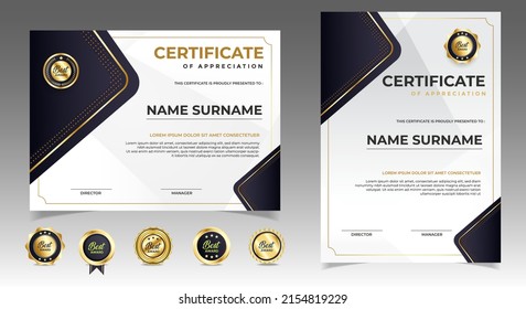 Black and gold certificate of appreciation border template with luxury badge and modern line and shapes. For award, business, and education needs. Diploma vector template