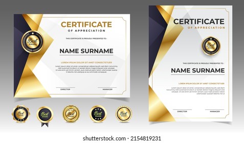 Black and gold certificate of appreciation border template with luxury badge and modern line and shapes. For award, business, and education needs. Diploma vector template