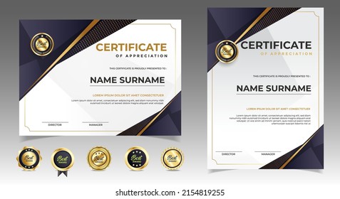 Black and gold certificate of appreciation border template with luxury badge and modern line and shapes. For award, business, and education needs. Diploma vector template