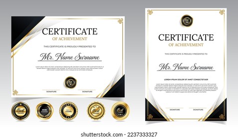 Black and gold certificate of appreciation border template with luxury badge and modern line and shapes. For award, business, and education needs. Diploma vector template