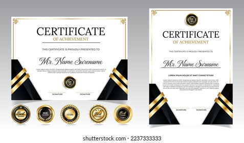 Black and gold certificate of appreciation border template with luxury badge and modern line and shapes. For award, business, and education needs. Diploma vector template