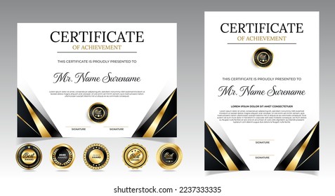 Black and gold certificate of appreciation border template with luxury badge and modern line and shapes. For award, business, and education needs. Diploma vector template