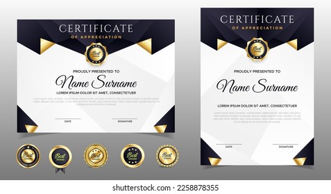 Plantilla de borde de certificado de apreciación en negro y oro con distintivo de lujo y línea y formas modernas. Para las necesidades de premios, negocios y educación. Plantilla vectorial de Diploma