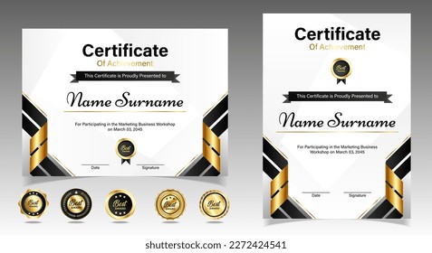 Black and gold certificate of appreciation border template with luxury badge and modern line and shapes. For award, business, and education needs. Diploma vector template