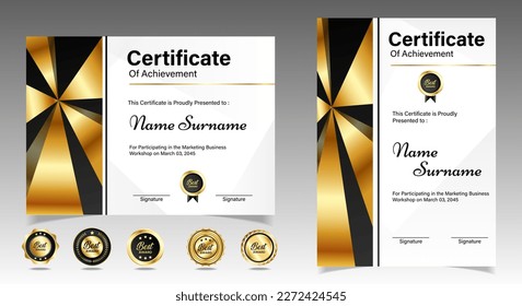 Plantilla de borde de certificado de apreciación en negro y oro con distintivo de lujo y línea y formas modernas. Para las necesidades de premios, negocios y educación. Plantilla vectorial de Diploma