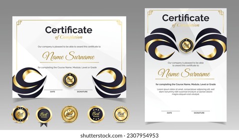 Black and gold certificate of appreciation border template with luxury badge and modern line and shapes. For award, business, and education needs. Diploma vector template