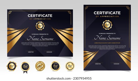 Black and gold certificate of appreciation border template with luxury badge and modern line and shapes. For award, business, and education needs. Diploma vector template