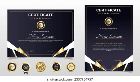 Black and gold certificate of appreciation border template with luxury badge and modern line and shapes. For award, business, and education needs. Diploma vector template