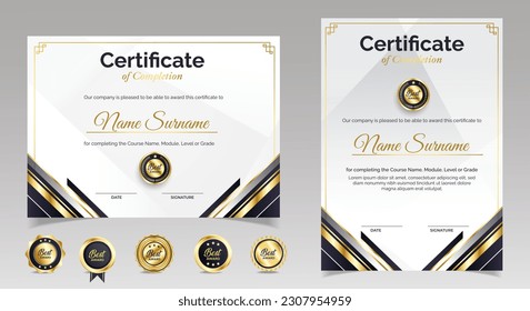 Black and gold certificate of appreciation border template with luxury badge and modern line and shapes. For award, business, and education needs. Diploma vector template