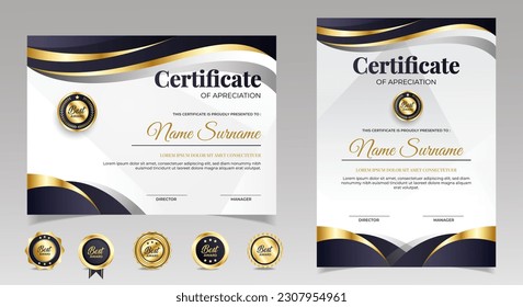 Black and gold certificate of appreciation border template with luxury badge and modern line and shapes. For award, business, and education needs. Diploma vector template