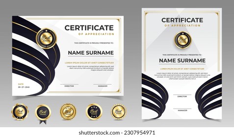 Black and gold certificate of appreciation border template with luxury badge and modern line and shapes. For award, business, and education needs. Diploma vector template