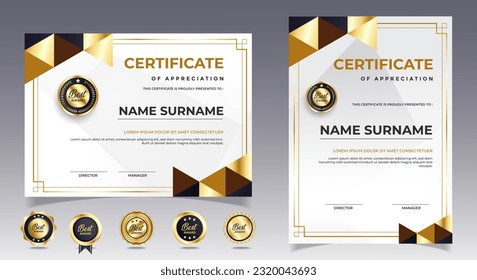 Black and gold certificate of appreciation border template with luxury badge and modern line and shapes. For award, business, and education needs. Diploma vector template