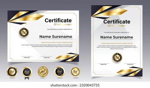 Black and gold certificate of appreciation border template with luxury badge and modern line and shapes. For award, business, and education needs. Diploma vector template