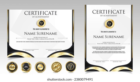 Black and gold certificate of appreciation border template with luxury badge and modern line and shapes. For award, business, and education needs. Diploma vector template