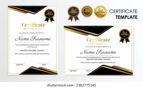 Certificado de apreciación de color negro y oro borde plantilla de lujo y línea y formas modernas. Para las necesidades de premios, negocios y educación. Plantilla vectorial de diploma. empleado del certificado de mes.