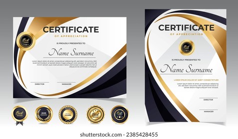 Black and gold certificate of appreciation border template with luxury badge and modern line and shapes. For award, business, and education needs. Diploma vector template