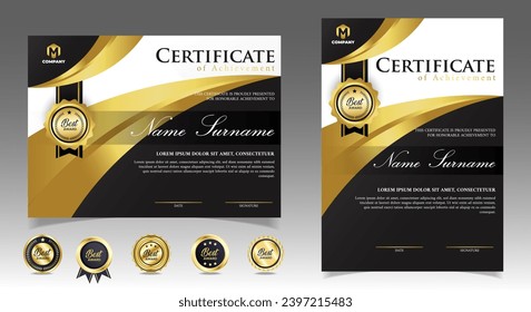 Black and gold certificate of appreciation border template with luxury badge and modern line and shapes. For award, business, and education needs. Diploma vector template