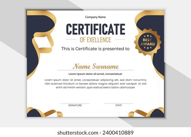 Black and gold certificate of appreciation border template with luxury badge and modern line and shapes. For award, business, and education needs. 