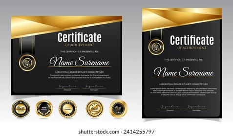 Black and gold certificate of appreciation border template with luxury badge and modern line and shapes. For award, business, and education needs. Diploma vector template