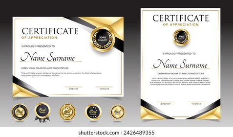 Black and gold certificate of appreciation border template with luxury badge and modern line and shapes. For award, business, and education needs. Diploma vector template