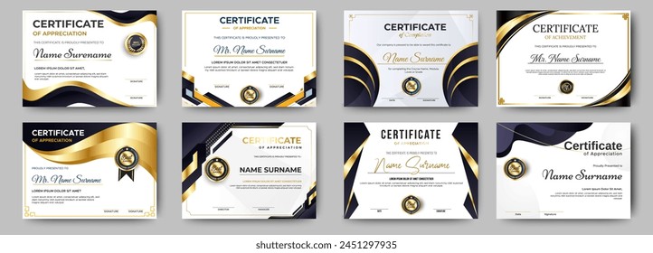 Black and gold certificate of appreciation border template with luxury badge and modern line and shapes. For award, business, and education needs. Diploma vector template
