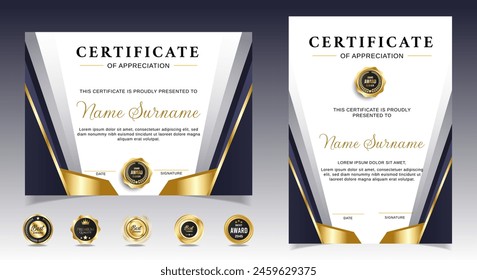 Black and gold certificate of appreciation border template with luxury badge and modern line and shapes. For award, business, and education needs. Diploma vector template