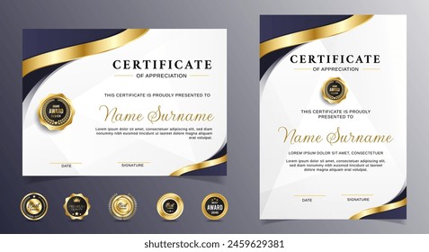 Black and gold certificate of appreciation border template with luxury badge and modern line and shapes. For award, business, and education needs. Diploma vector template