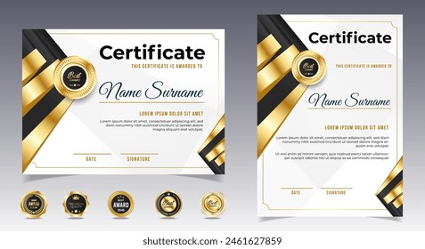 Certificado negro y oro de apreciación de la Plantilla fronteriza con insignia de lujo y línea y Formas modernas. Para premios, negocios y necesidades educativas. Diploma de Plantilla de Vector