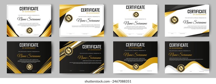 Black and gold certificate of appreciation border template with luxury badge and modern line and shapes. For award, business, and education needs. Diploma vector template