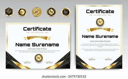 Black and gold certificate of appreciation border template with luxury badge and modern line and shapes. For award, business, and education needs. Diploma vector template